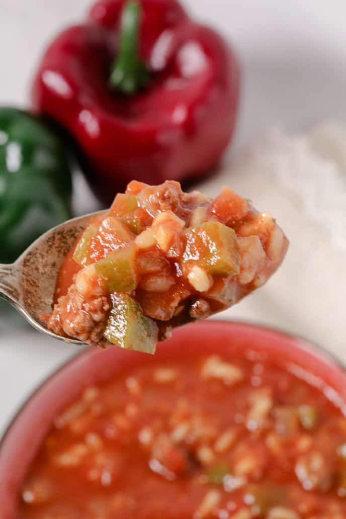 Close up picture of Stuffed Bell Pepper Soup on a spoon