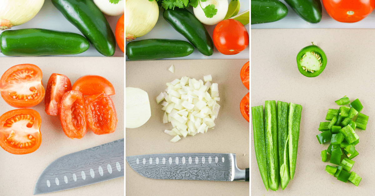 A series of photos showing how to cut vegetables for Pico de Gallo on a cutting board.