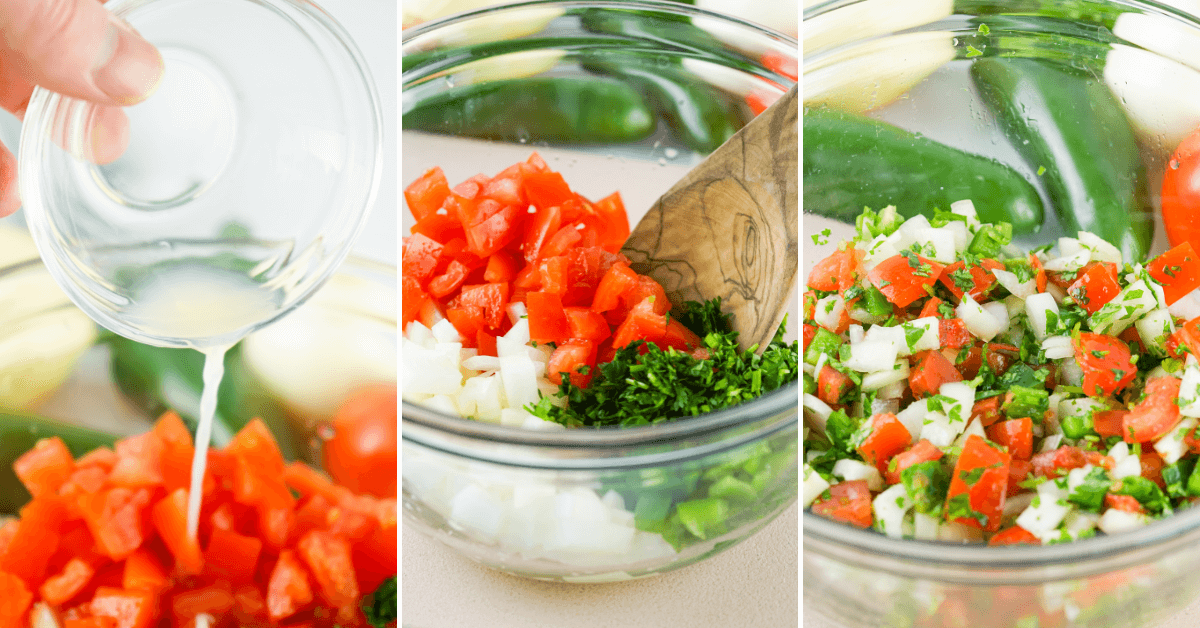 Four pictures showing how to make Pico de Gallo in a jar.