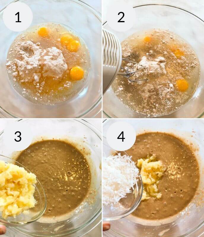 Four-step process of mixing ingredients in a bowl, showing progression from dry ingredients with eggs to a smooth batter with added mashed bananas and coconut for a cake.