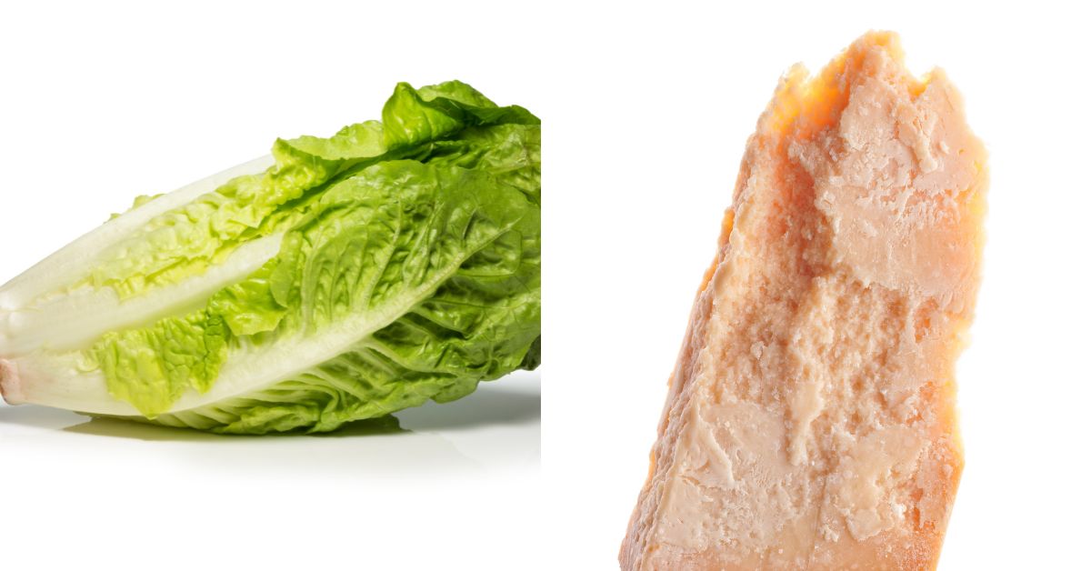 A head of romaine lettuce and a wedge of hard cheese against a white background, key components for the best Caesar salad.