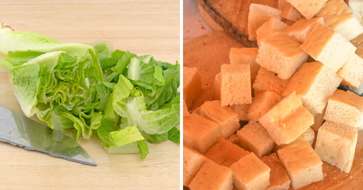 Fresh lettuce and diced bread on cutting boards for the best Caesar salad.