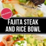 Close-up of a Steak and Rice Bowl featuring grilled steak, sautéed onions and peppers, avocado, rice, and sour cream, all garnished with fresh cilantro.