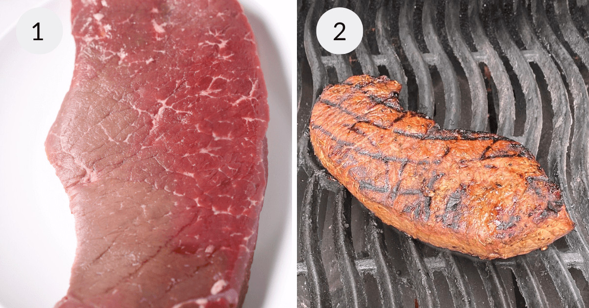 1. raw beef steak.
2. grilled London broil steak.