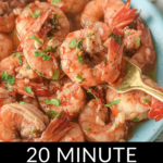 A plate of Shrimp Scampi without Wine garnished with herbs, with text highlighting a 20-minute recipe.