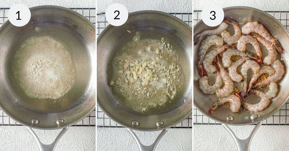 Three stages of cooking Shrimp Scampi without Wine in a pan: 1) heating oil, 2) adding garlic, 3) sautéing shrimp.