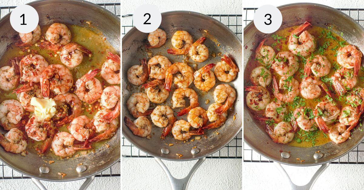 Three stages of cooking Shrimp Scampi without wine in a pan, showing the progression from raw to cooked and garnished.
