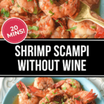 Quick 20-minute shrimp scampi without wine recipe, garnished with herbs.