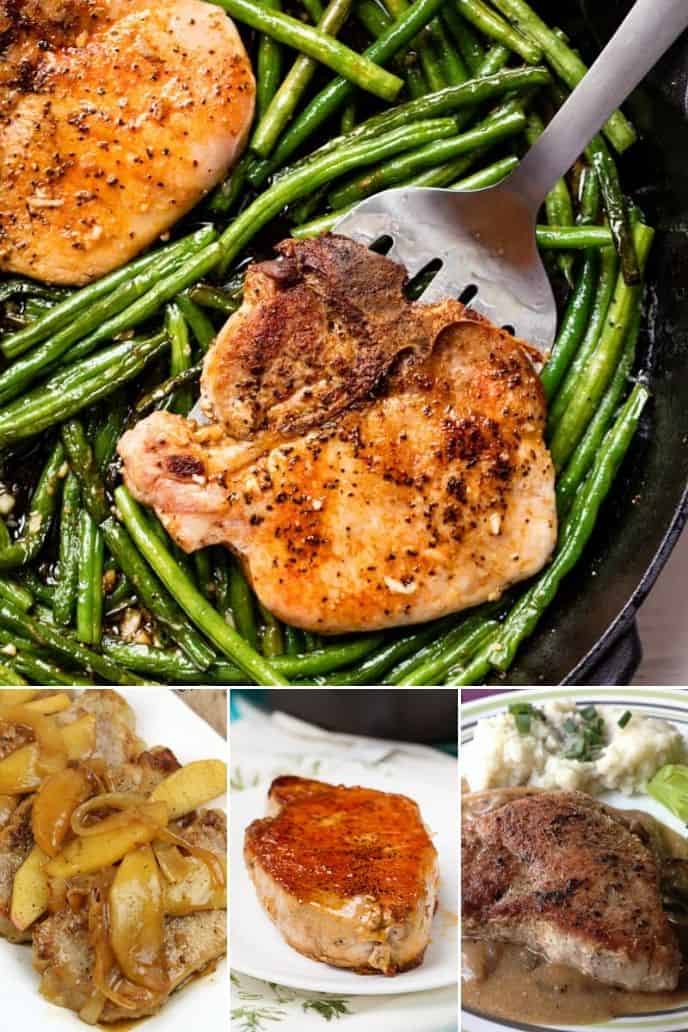 a collection of delicious pan seared pork chops 