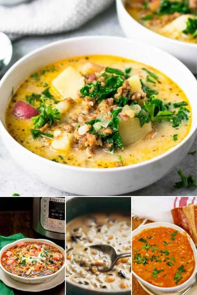 Image collage of 4 soups listed made in an instant pot