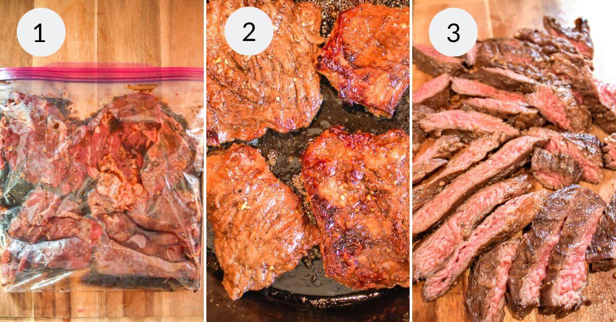 Three-part image showing marinated grilled skirt steak in a bag, steak cooking in a pan, and sliced cooked steak on a board.
