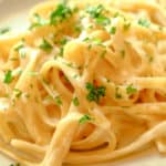 Offset angle of white dish of easy alfredo sauce dish