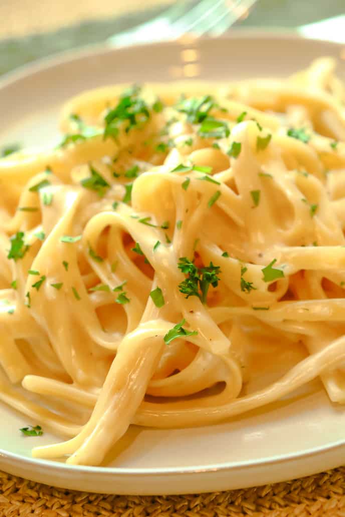 Offset angle of white dish of easy alfredo sauce dish