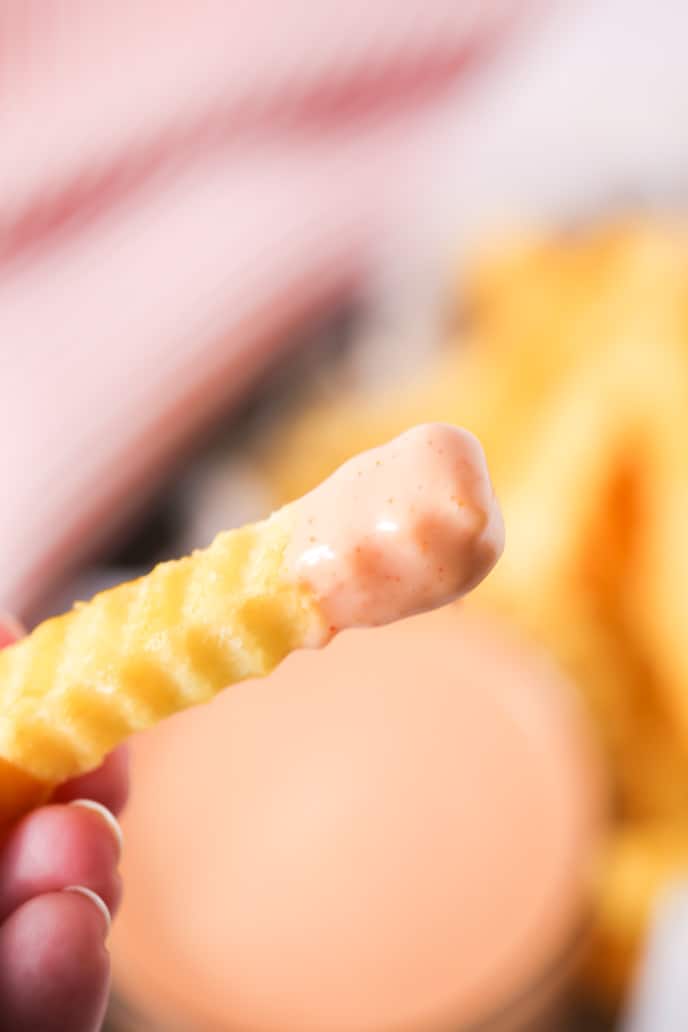 A fry dipped in french fry sauce