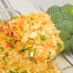 A close-up of a casserole topped with a golden cracker crumb crust, with a head of broccoli in the background.