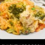 A serving of Chicken Broccoli Divan casserole on a white plate, featuring tender pieces of chicken, broccoli, carrots, and a golden topping.