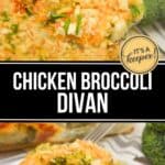 A serving of Chicken Broccoli Divan casserole with a golden crumb topping on a spoon above a plated portion, garnished with chopped herbs.