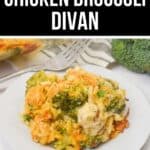 A serving of Chicken Broccoli Divan casserole sits on a white plate, with a fork, striped napkin, and fresh broccoli in the background.