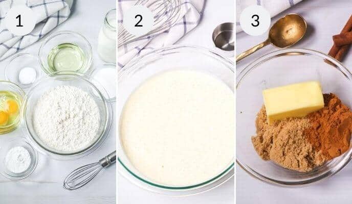 Three steps of making cinnamon swirl pancakes: Step 1 shows ingredients in bowls; Step 2 displays a mixed batter; Step 3 includes brown sugar, butter, spices, and cinnamon for a delightful swirl.