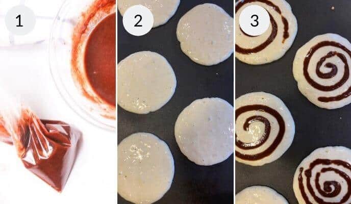 Three-step process: 1. Chocolate batter in a piping bag. 2. Plain pancake batter dollops on a griddle. 3. Cinnamon swirls added to pancakes, creating delightful cinnamon swirl pancakes.