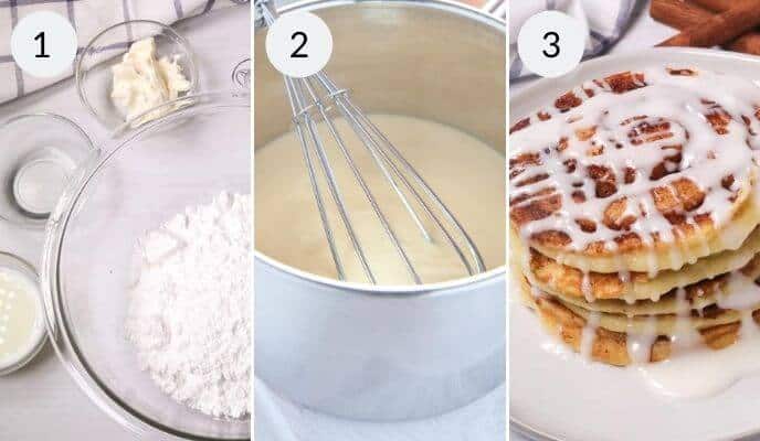 Three easy steps: 1) Gather ingredients in a bowl, 2) Mix the batter in a saucepan with a cinnamon swirl, 3) Stack the pancakes and drizzle with icing.