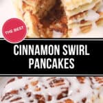 A stack of the best cinnamon swirl pancakes topped with icing sits on a plate, with one pancake teasingly missing a bite.