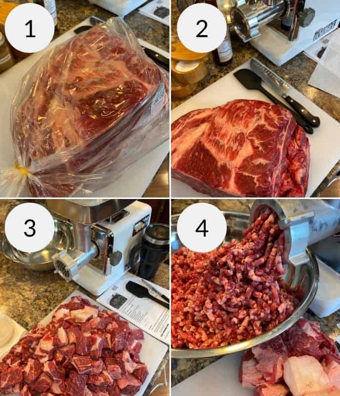 Grinding beef to make sausage 