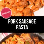 Two images in tomato sauce. The top shows a plated serving, while the bottom captures it being stirred in a pan.