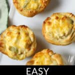 Mini chicken pot pies made with Grands biscuits, baked to a golden brown.