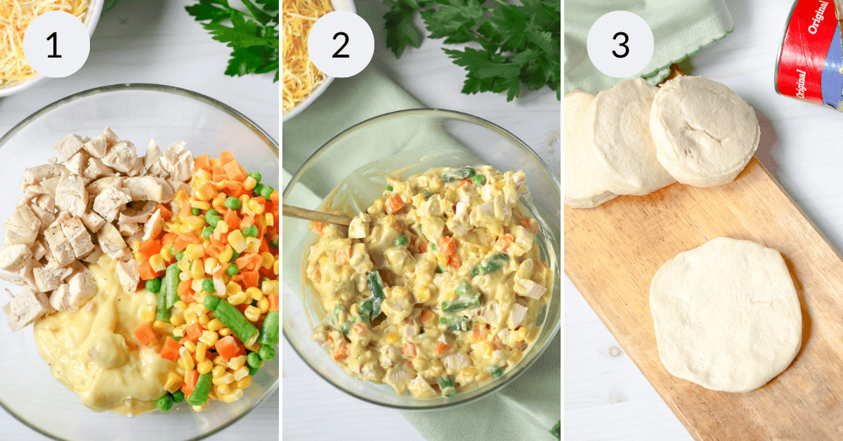 Step-by-step preparation of a creamy chicken and vegetable filling for Chicken Pot Pie Grands Biscuits, with the stages of chopping ingredients, mixing in a bowl, and the final filling resting on a