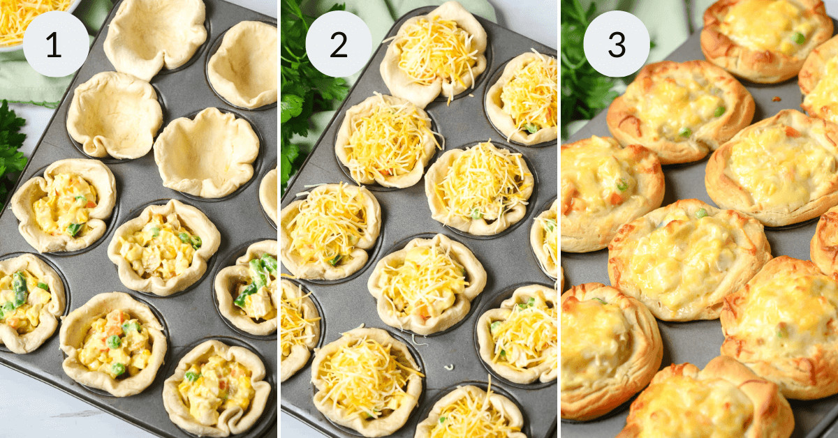 Three-step process of making mini chicken pot pie quiches: 1) Grands Biscuits dough cups filled with ingredients, 2) topped with shredded cheese, 3) baked and