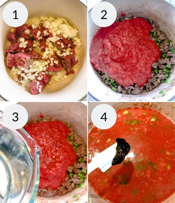 A series of photos demonstrating how to prepare Unstuffed Pepper Soup.