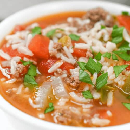 Unstuffed Pepper Soup with meat, rice, and vegetables.