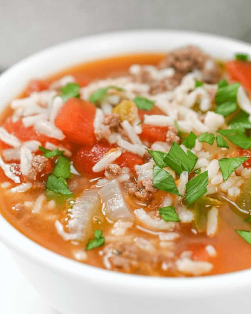 Unstuffed Pepper Soup with meat, rice, and vegetables.