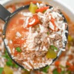A hearty bowl of Unstuffed Pepper Soup, filled with tender meat and rice.