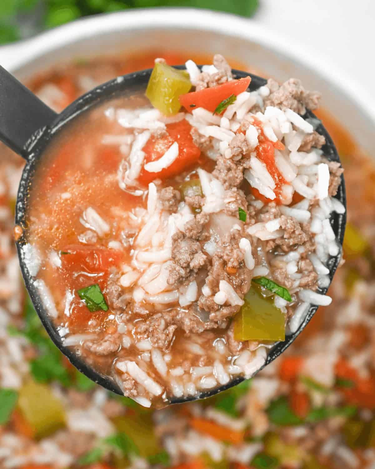 A hearty bowl of Unstuffed Pepper Soup, filled with tender meat and rice.