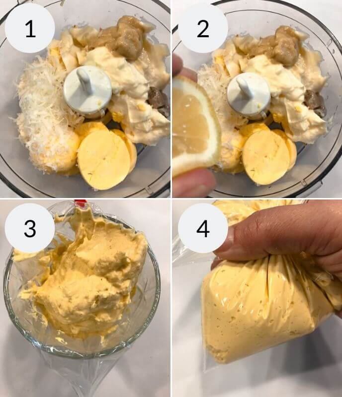 Step-by-step preparation of fancy deviled eggs mixture in a bowl, with ingredients being mixed and transferred into a piping bag.