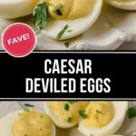 A platter of fancy caesar deviled eggs garnished with fresh parsley.