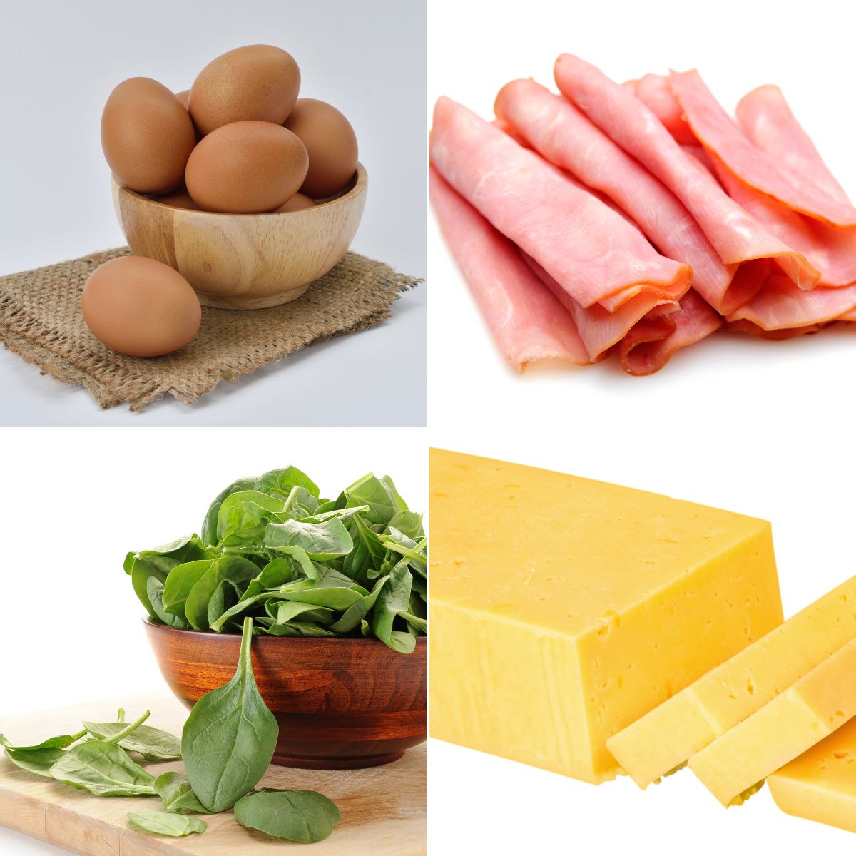A collage of breakfast ingredients for a ham and cheese spinach quiche: eggs in a bowl, slices of ham, fresh spinach, and blocks of cheddar cheese.