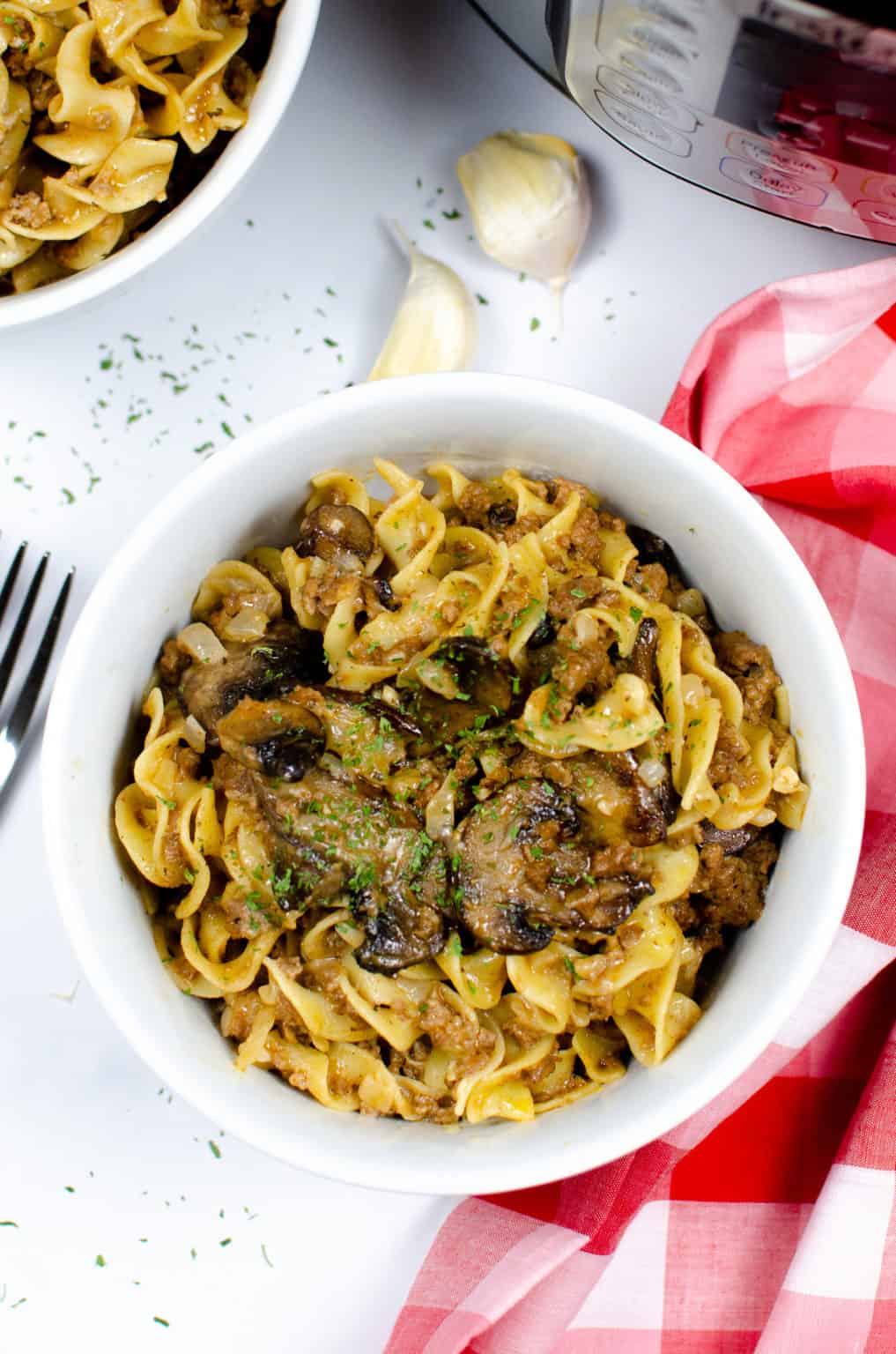 Instnat Pot Beef Stroganoff in white bowl