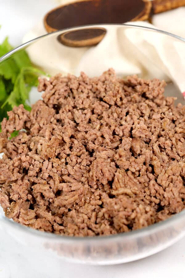 Close up of cooked Ground Beef in a bowl