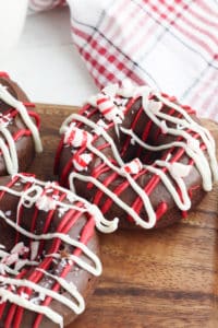 peppermint mocha donut on wooden cutting board