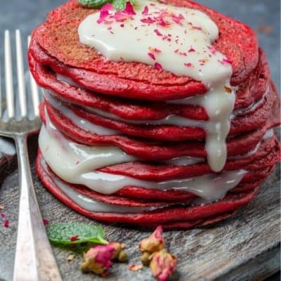 Red Velvet pancakes on a marble board with mint on top