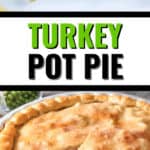 close up on slice of turkey pot pie and whole pie