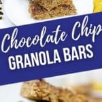 close up on finished chocolate chip granola bar and top shot of granola bars
