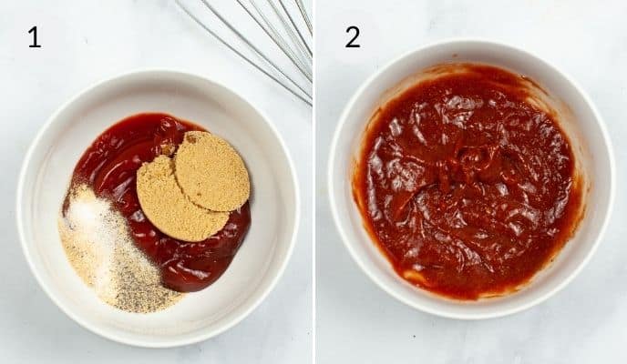 Creating of sauce and finished sauce in white bowl with whisk.