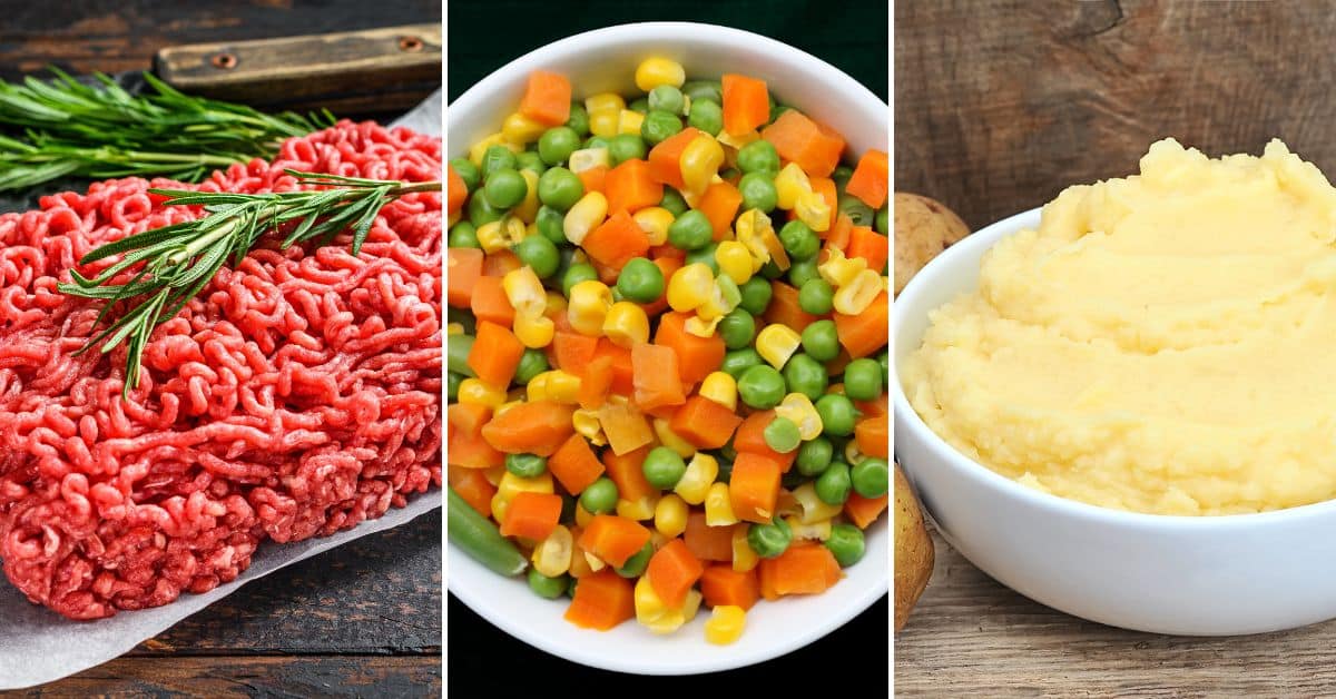 Raw ground beef with herbs, paired with a vibrant medley of mixed vegetables—carrots, peas, and corn. Accompanied by a bowl of creamy mashed potatoes, these ingredients are artfully arranged side by side.