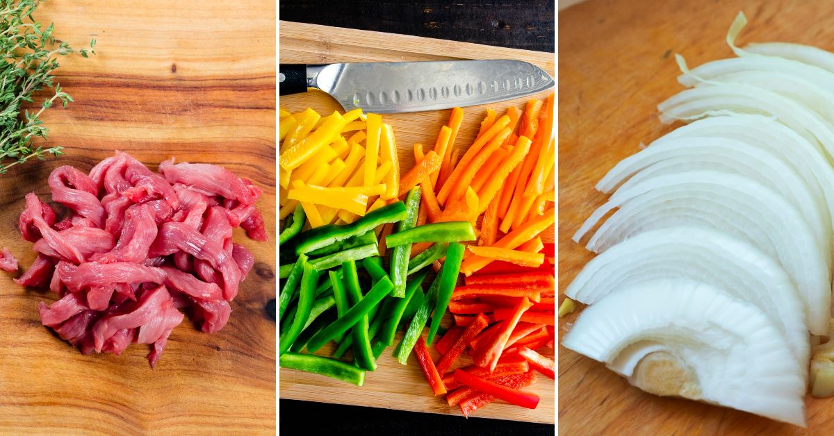 Three images displaying raw food ingredients for Instant Pot Fajitas: sliced beef, assorted julienned bell peppers, and sliced onions on wooden surfaces.