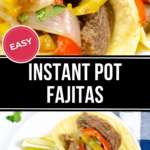 Two plates of Instant Pot fajitas in corn tortillas, topped with sautéed bell peppers and onions.