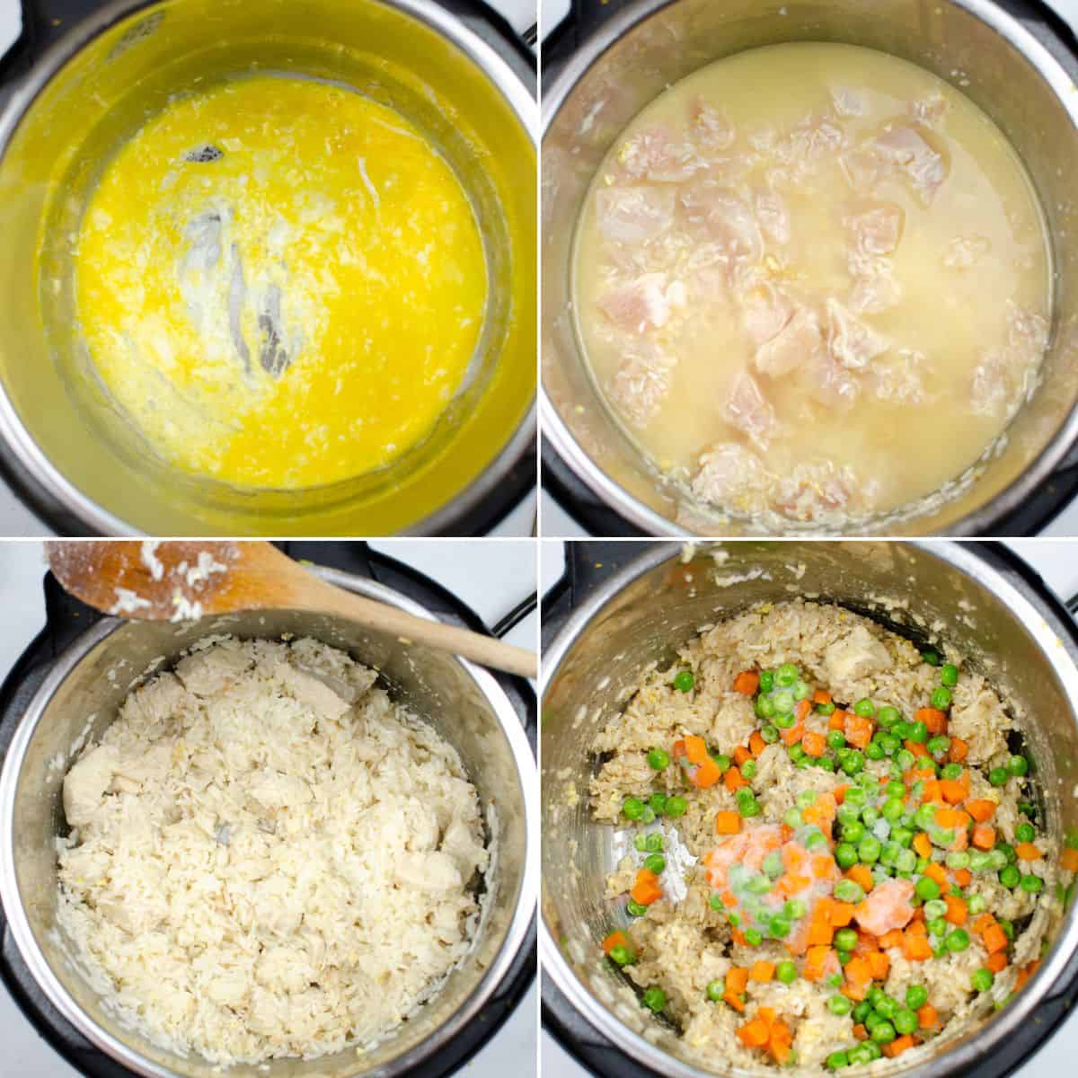 Four images show steps for instant pot chicken fried rice: melted butter, chicken cooking in liquid, cooked rice with chicken, and rice with added peas and carrots simmering together in a pot.